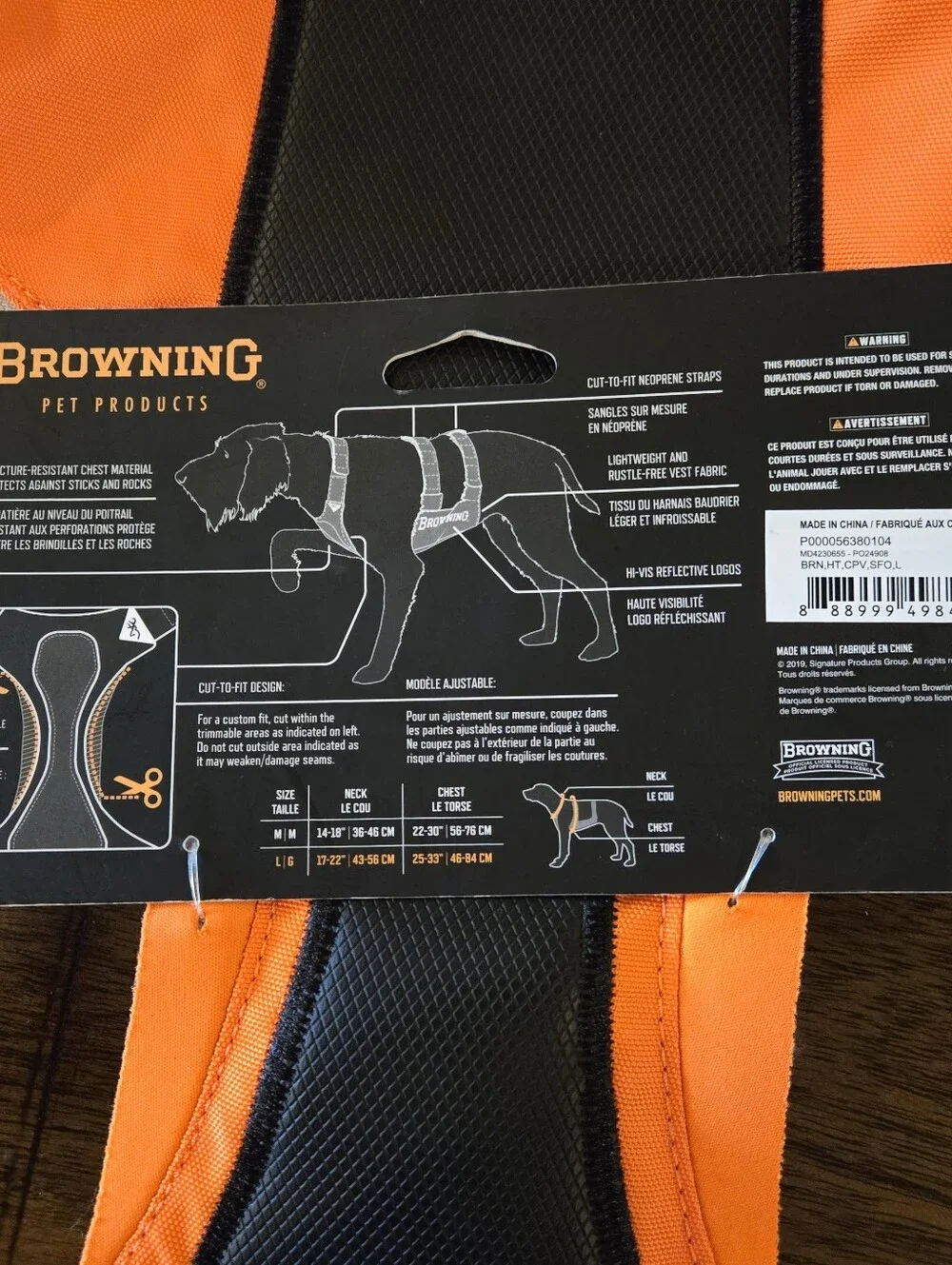 Browning Pet Products Chest Protection Vest Neoprene Reflective Orange/Black L